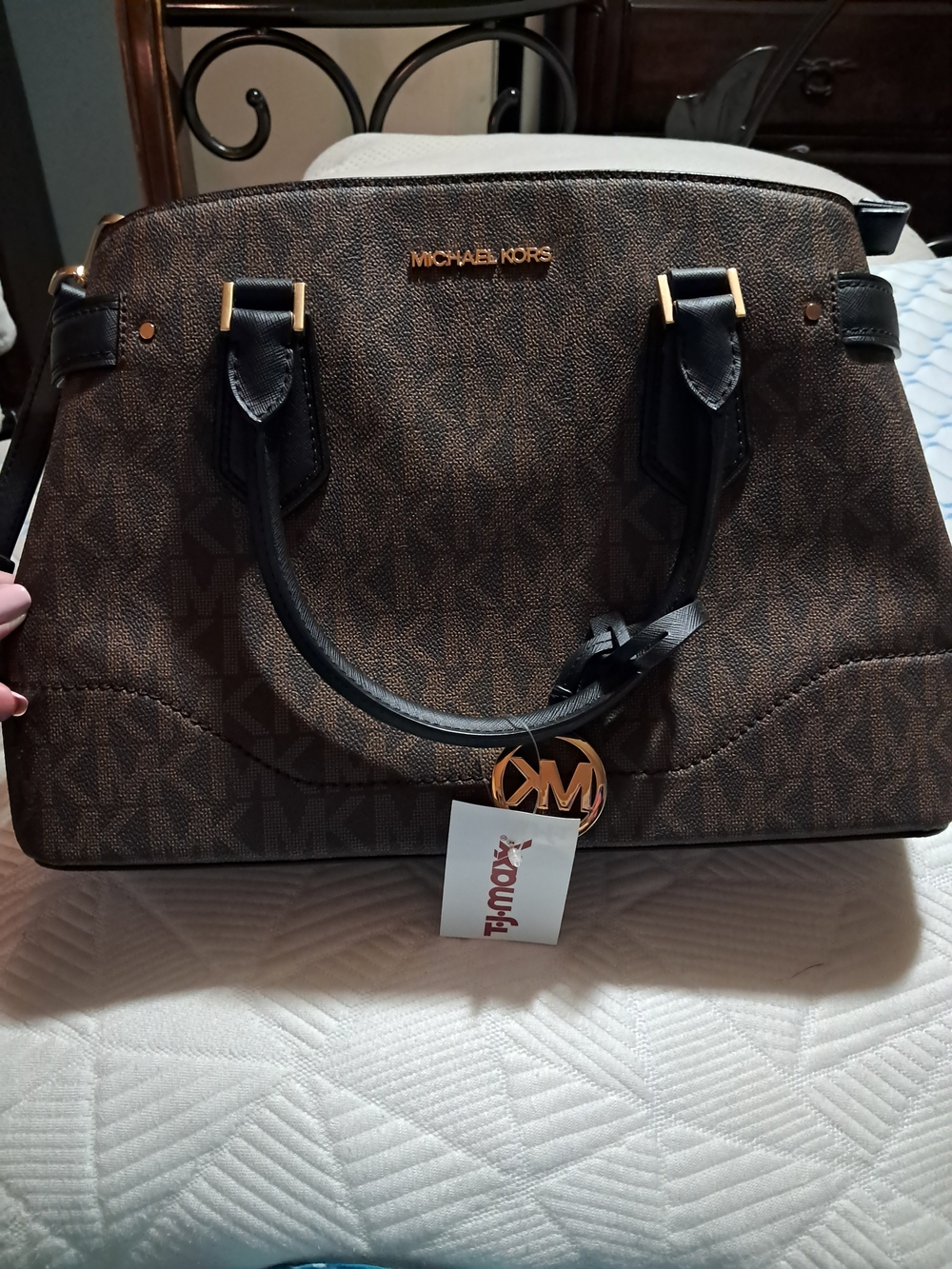 Michael Kors Brown Monogram Satchel with Black Trim and Gold Accents